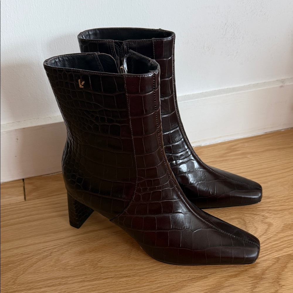 Larroude Brown Croc-Embossed Ankle Boots